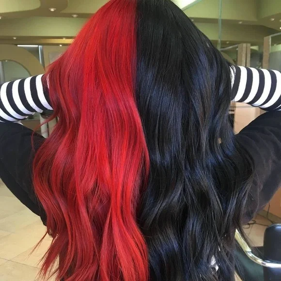 24” RED & BLACK SPLIT DYE BODY WAVY LACE FRONT WIG Amazon.com : Goldfinch Highlight Red Lace Front Wig Human  main image 4